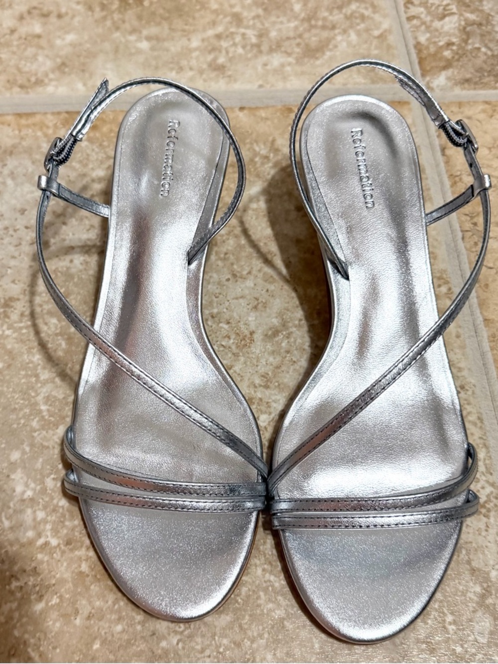 NEW Reformation Suri Heeled Silver Sandal Heels Size 7